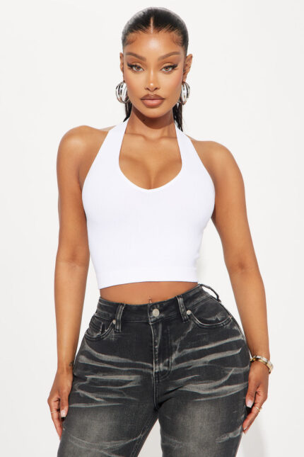 Simi Seamless Halter Crop Top - White
