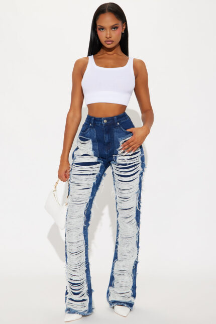 Know The Drill Shredded Bootcut Jeans - Dark Wash