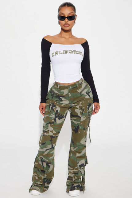 Do You Mind Camo Flare Pant - Olive/combo