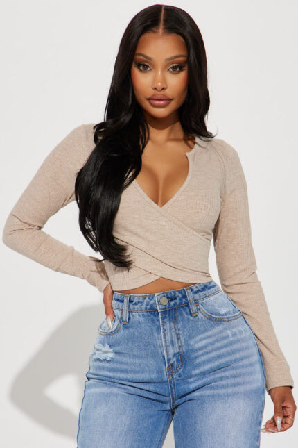 Katrina Long Sleeve Crop Top - Taupe