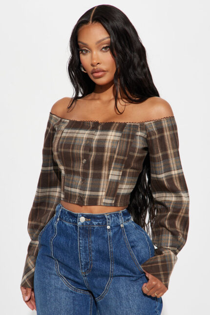 Beeba Plaid Off Shoulder Top - Brown/combo