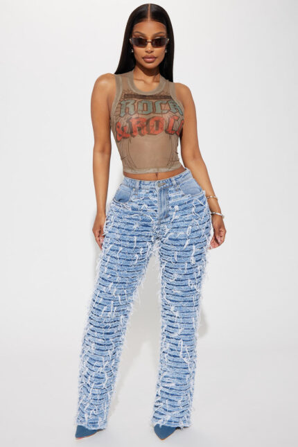 Think It Over Shredded Straight Leg Jeans - Medium Wash