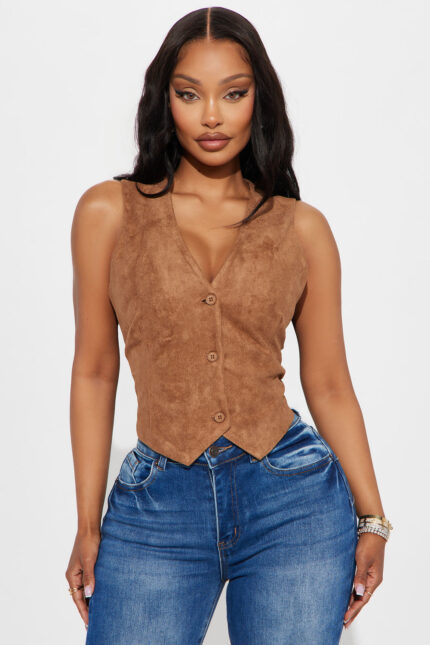 Florin Faux Suede Vest Top - Brown