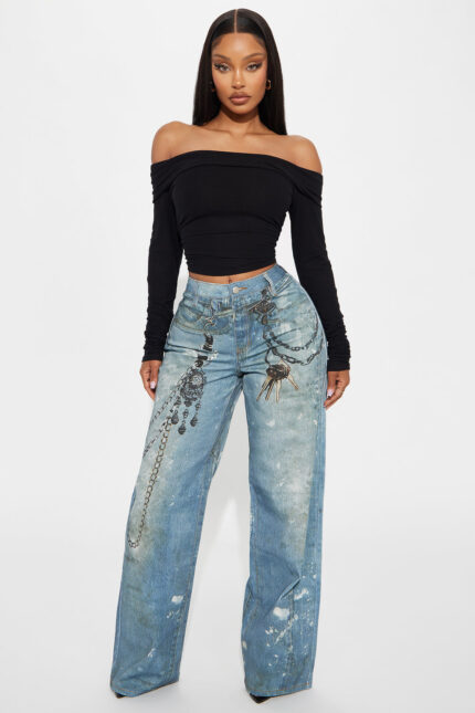It's All An Illusion Chain Printed Denim Baggy Jeans - Medium Wash