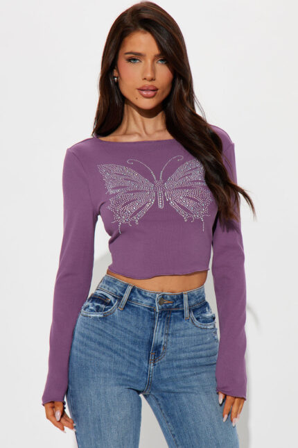 Butterfly Love Rhinestone Top - Purple