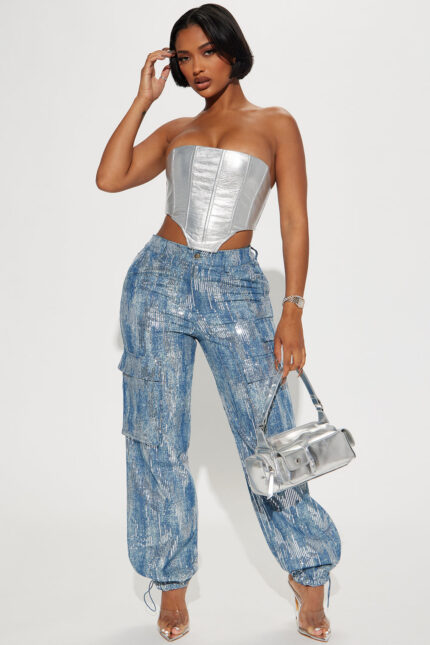 Got Me Glistening Sequin Cargo Pant - Medium Blue Wash