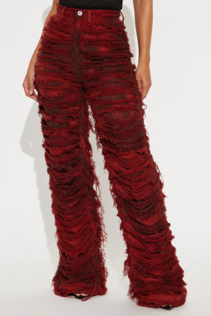 Courtside Cool Shredded Stretch Wide Leg Jeans - Red
