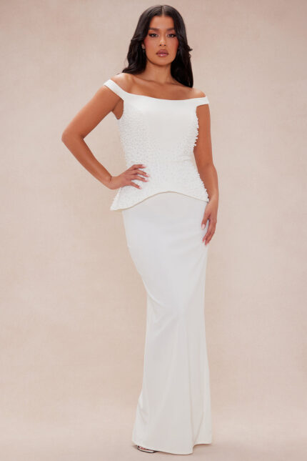 Standing Ovation Pearl Embellished Gown - Off White