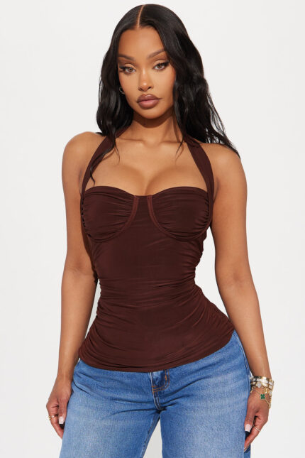 Just A Feeling Ruched Halter Top - Chocolate